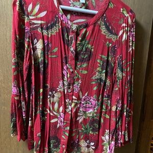 JJill tunic, burgundy, black, cream, long sleeve, rayon, small